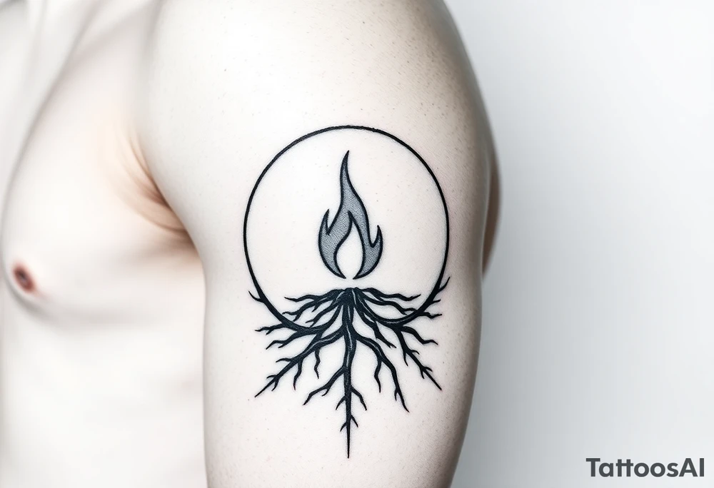 a flame imprisoned in roots circle tattoo idea