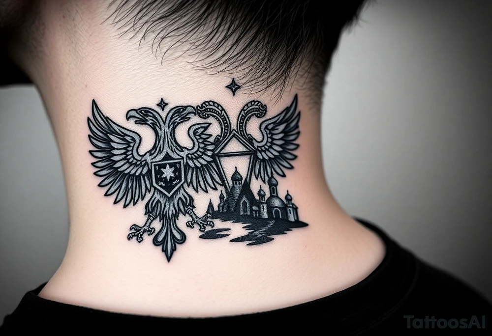 Traditional authentic Russian coat of arms with double headed eagle & a well shaded Christian orthodox virgin marry in the middle with silhouette of a lake in a Russian wilderness Christian orthodoxy dome church village setting on the side of my neck tattoo idea