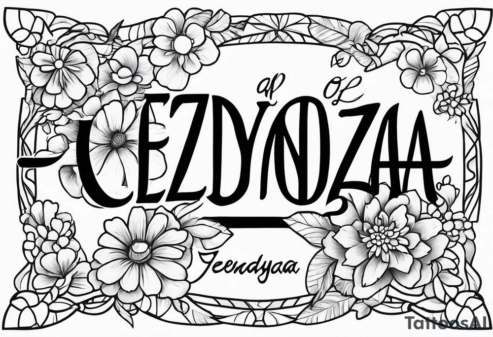 Spell out Zendaya with a bed of flowers tattoo idea