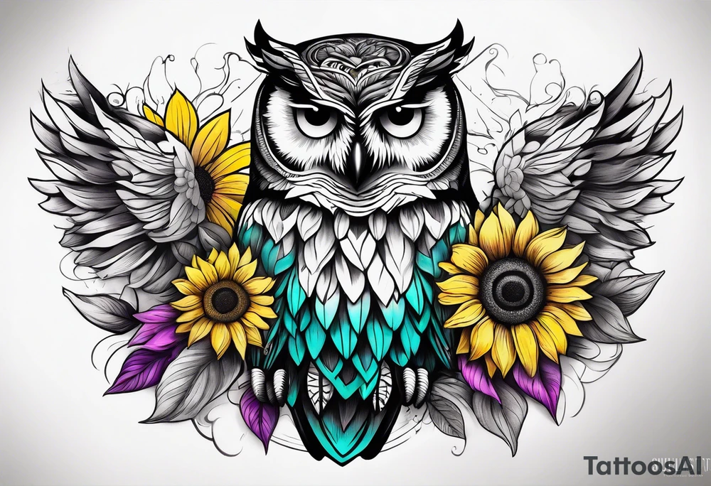 Black and white owl shaded teal, pink and purple surrounded by yellow sunflowers sleeve tattoo idea