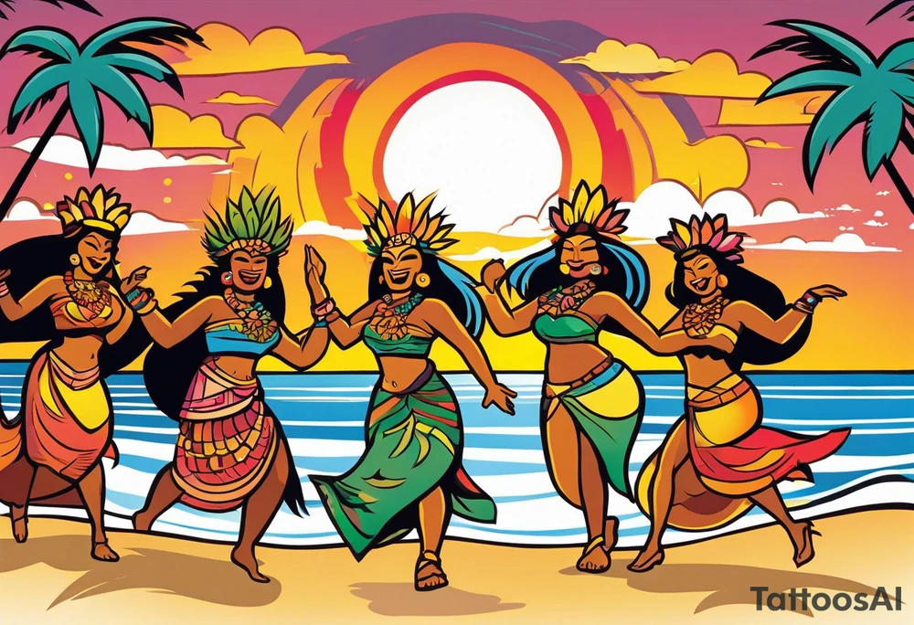 dancing tiki gods with sexy hula women having a dance part on the beach with a sunset in the center of the image with tiki gods tattoo idea
