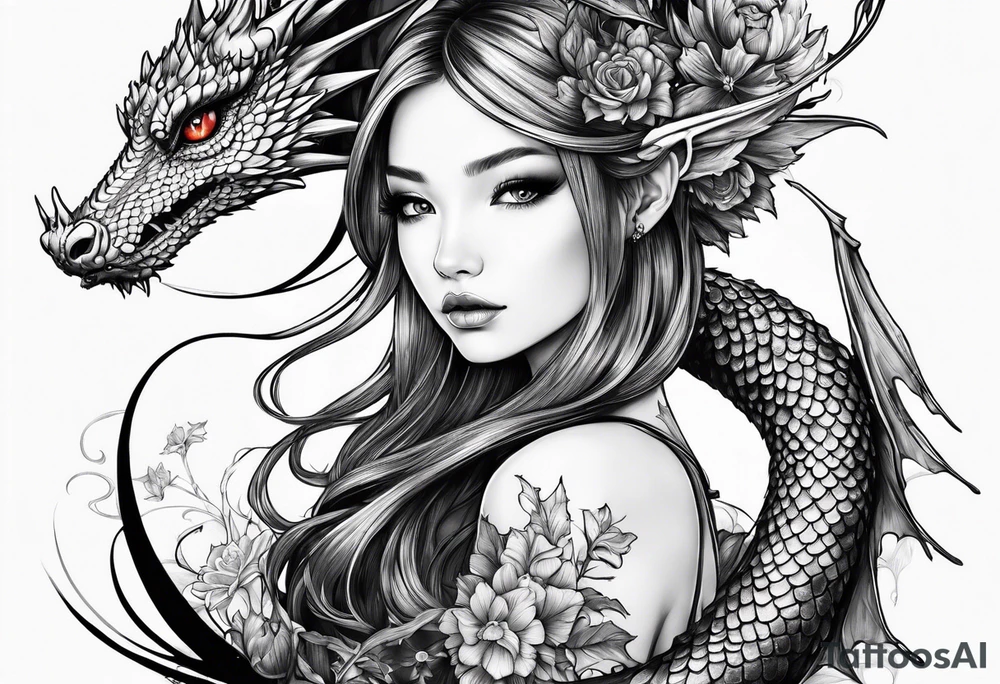 fairy nymph with a dragon friend tattoo idea
