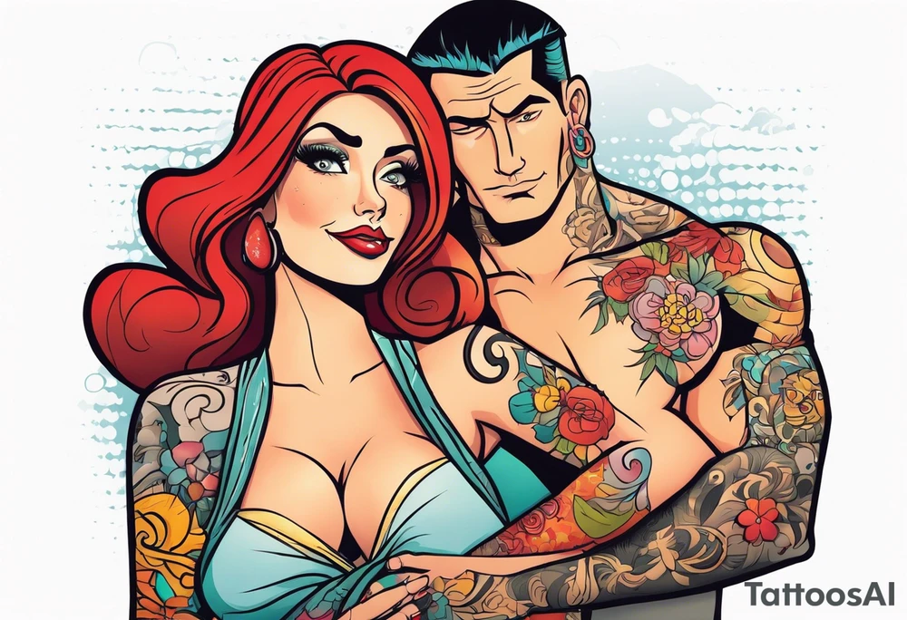 Busty Red haired woman with tall black haired man tattoo idea