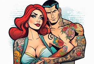 Busty Red haired woman with tall black haired man tattoo idea