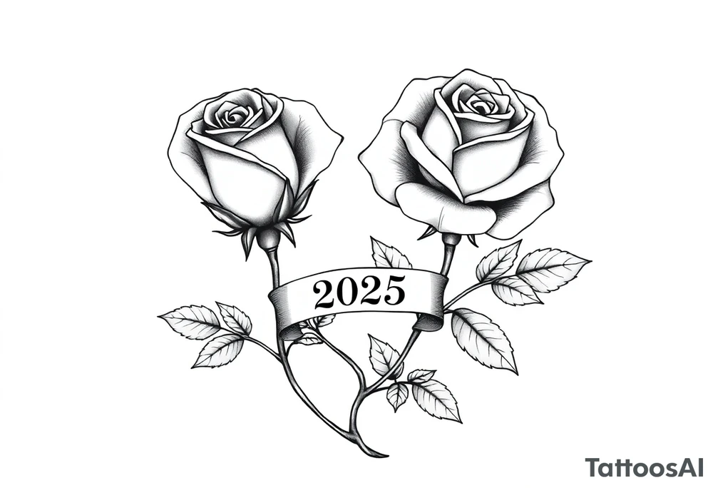 two beautiful large rose buds, one larger than the other, with many leaves next to the rose buds, with one sitting higher than the other. Include a banner connecting the two roses with the year "2025" on it.   Use dark outlines with little shading. The two stems should be short, not long, and connect and join into one stem, whimsically curved or twisted - not straight down. tattoo idea