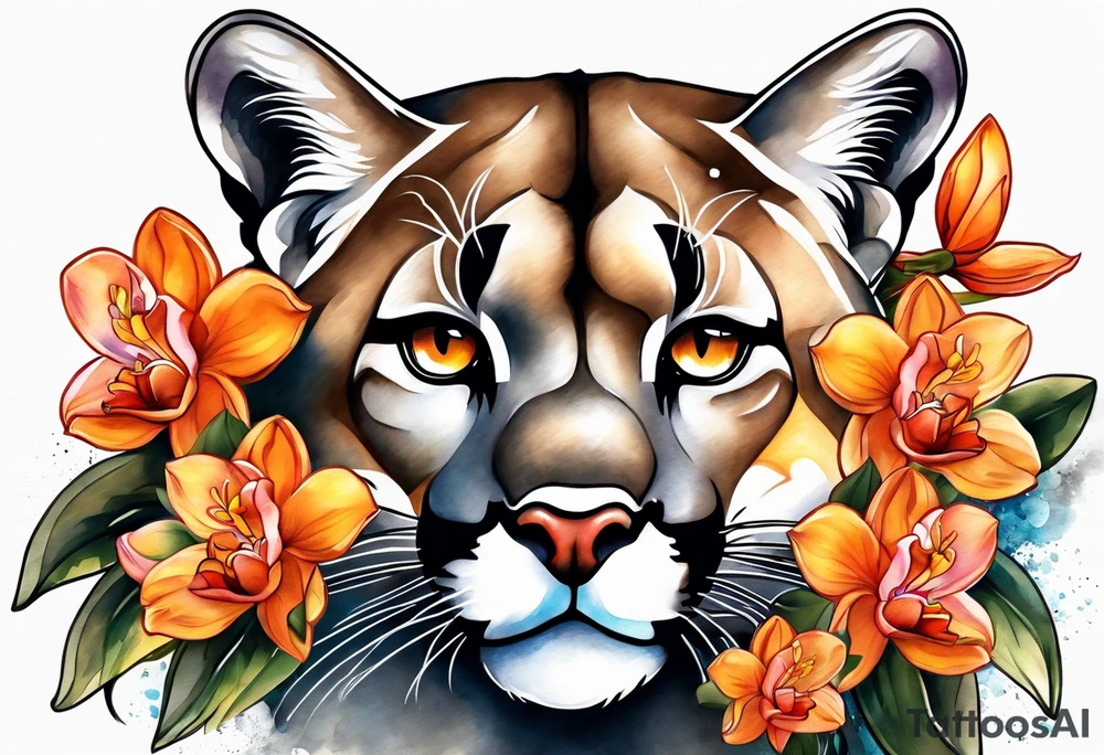 Mother mountain lion with orange orchids tattoo idea
