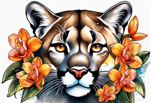 Mother mountain lion with orange orchids tattoo idea