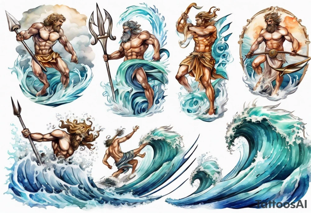 Ancient Greek gods of the sea fighting with surfer  and trident tattoo idea