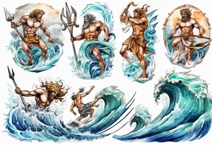 Ancient Greek gods of the sea fighting with surfer  and trident tattoo idea