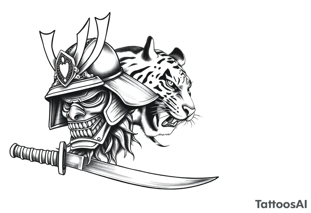 Samurai helmet resting on a katana blade, fierce tiger emerging behind it, traditional Japanese tattoo design, blackwork with soft grey shading, intense energy, bold line art, framed composition for forearm tattoo with full sleeve in mind, sketch ink style, minimal background, ration 2:3 vertical tattoo idea