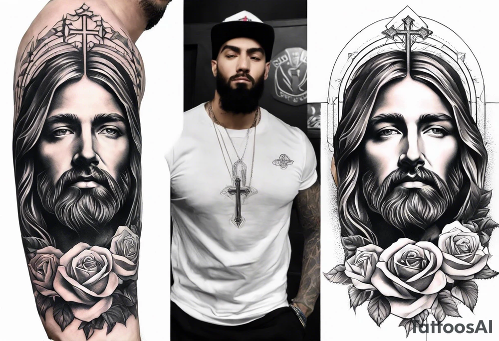 make a forearm sleeve that portraits Jesus Christ cross and mountains with roses tattoo idea