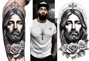 make a forearm sleeve that portraits Jesus Christ cross and mountains with roses tattoo idea