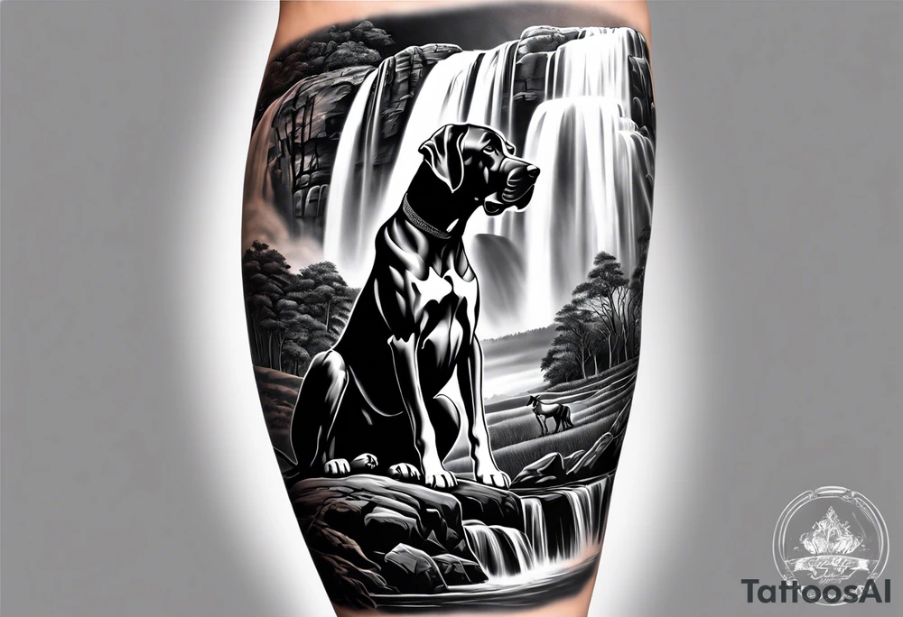 Arm sleeve- with four Great Danes in front of waterfall tattoo idea