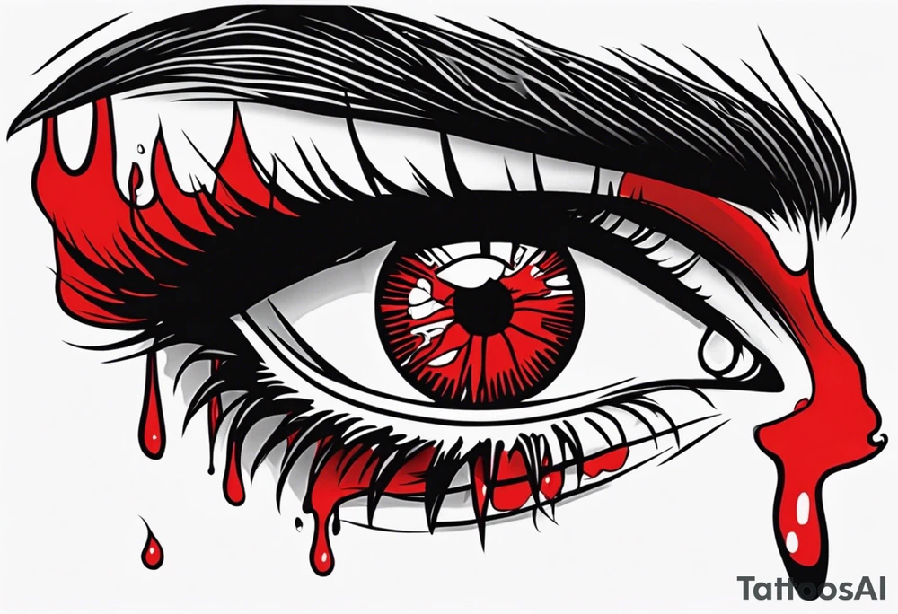 Bleeding tear draining to down from  one red eye tattoo design model tattoo idea