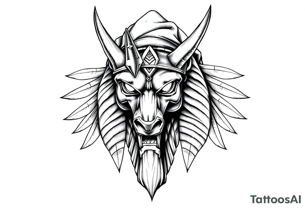powerful majestic muscle anubis Egyptian god face without eyes with mantle on head tattoo idea