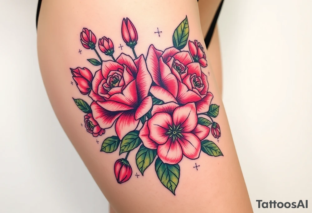 Realistic roses tulips and lilies 
and leaves with embellishments tattoo idea