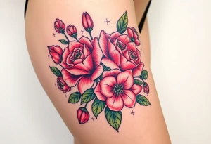 Realistic roses tulips and lilies 
and leaves with embellishments tattoo idea