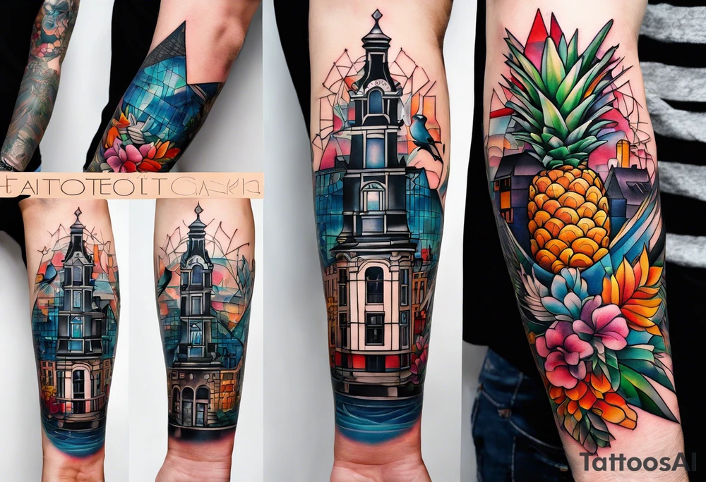 Tattoo of animals made from glass in Amsterdam featuring Amsterdam buildings and canal in galaxy colours featuring pineapples and birds tattoo idea