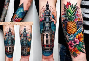 Tattoo of animals made from glass in Amsterdam featuring Amsterdam buildings and canal in galaxy colours featuring pineapples and birds tattoo idea