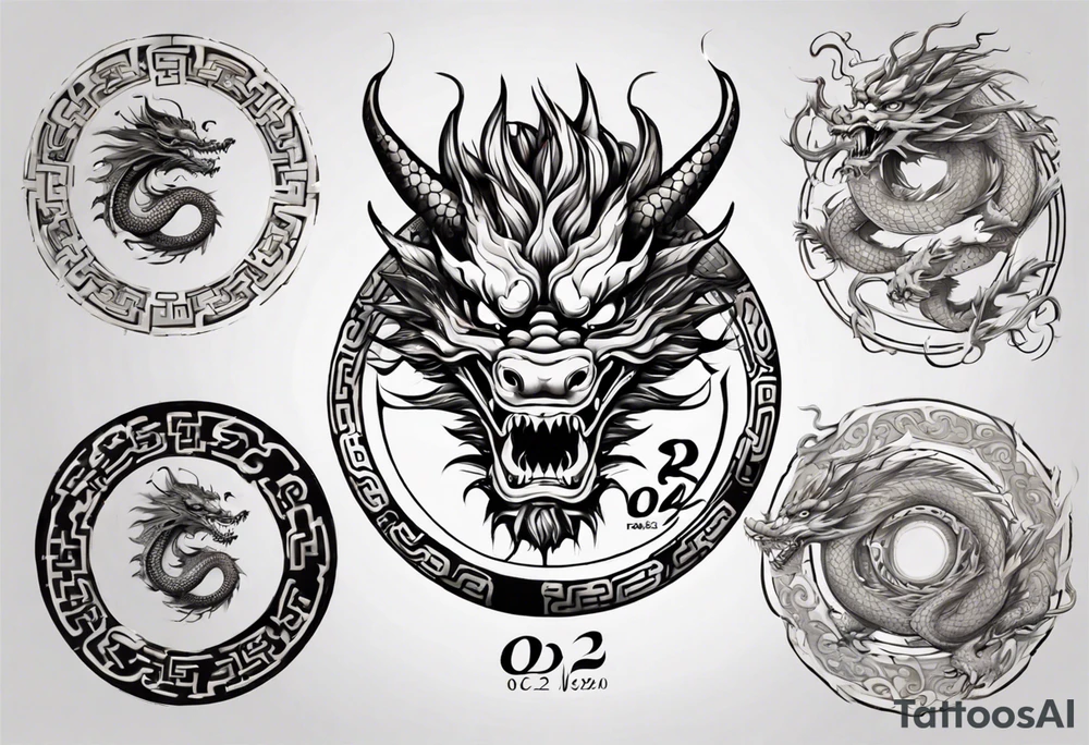 Chinese dragon in a circular shape with "02.03" written on its skin tattoo idea