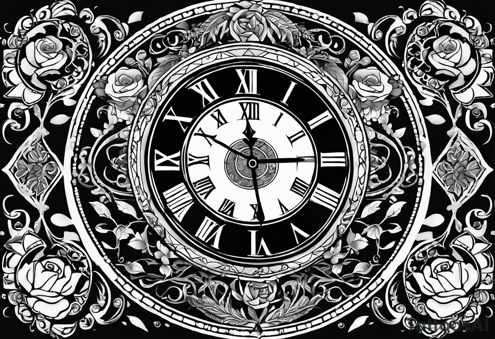 I want a design to print on t-shirts. The design is an hourglass with a wristwatch in the middle with Amazigh numbers, and this watch is surrounded by planets and Ashulk roses. tattoo idea