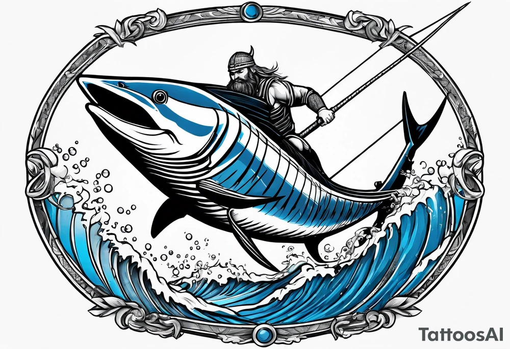 viking superhero catching a blue marlin with tuna jumping tattoo idea