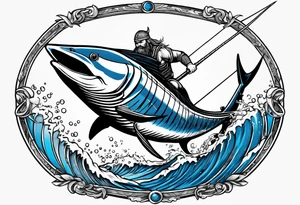 viking superhero catching a blue marlin with tuna jumping tattoo idea