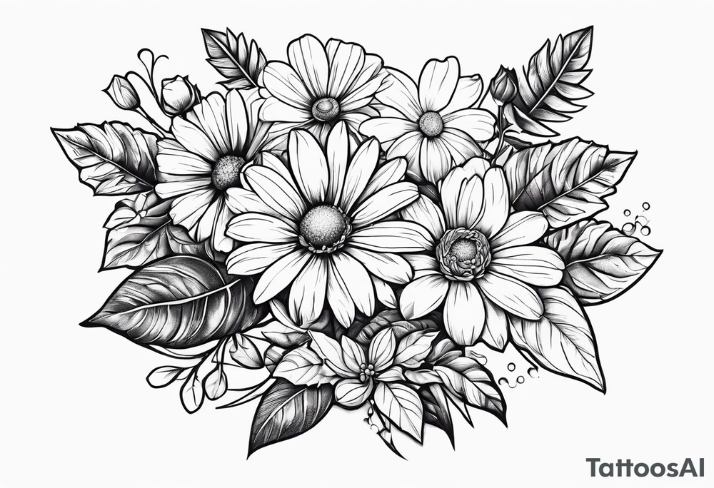 Daisy, rose, holly flower handheld 
bouquet tattoo idea