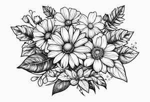 Daisy, rose, holly flower handheld 
bouquet tattoo idea