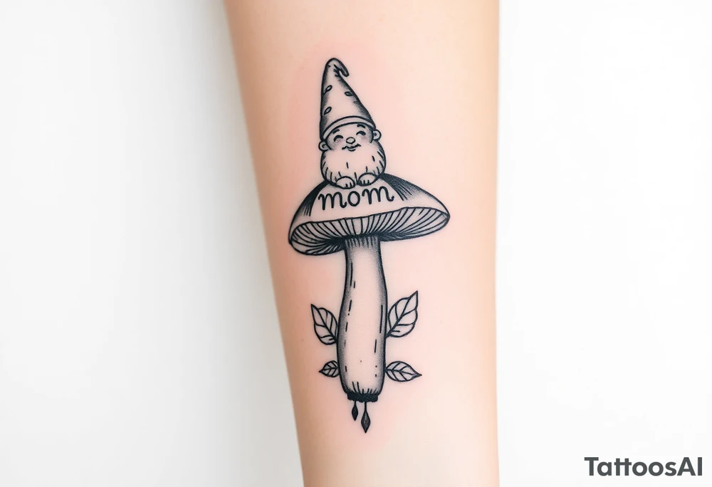 Mushroom with word mom on it with gnome sitting on top tattoo idea