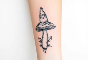 Mushroom with word mom on it with gnome sitting on top tattoo idea