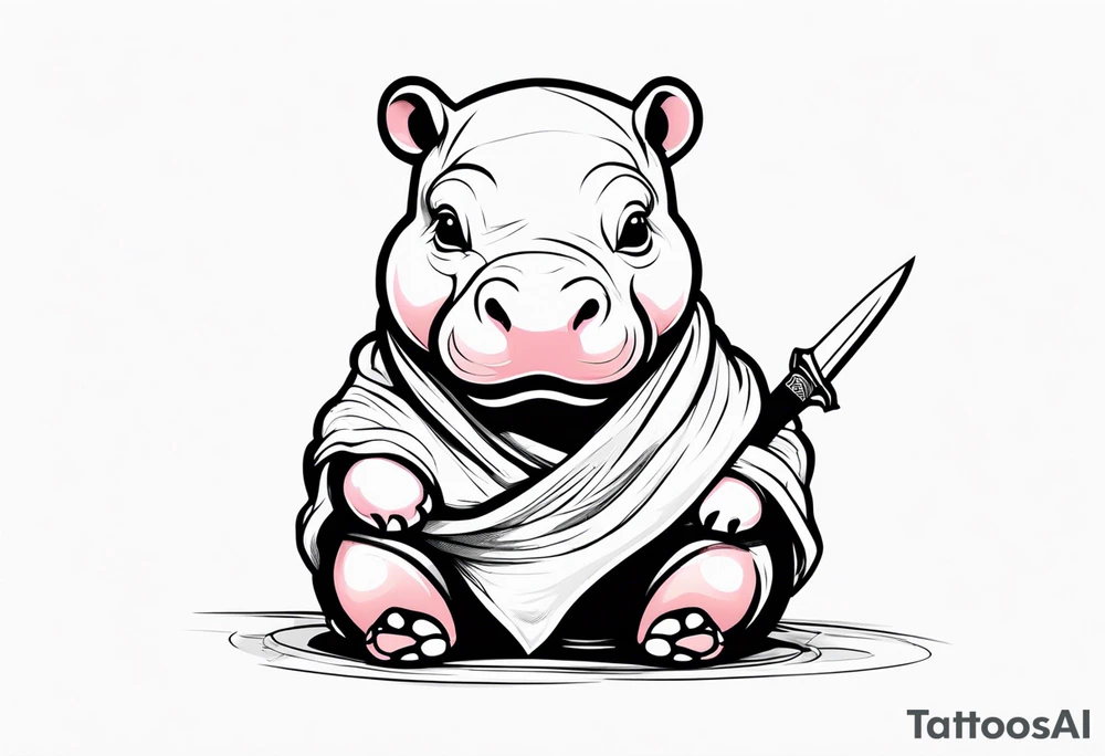 Baby hippo in a swaddle holding a knife in its mouth tattoo idea
