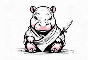 Baby hippo in a swaddle holding a knife in its mouth tattoo idea
