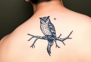 wise owl perched on ancient oak branch under starlit sky tattoo idea