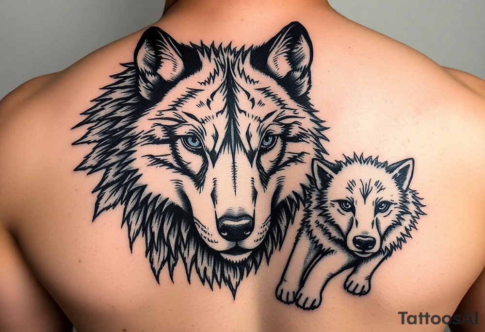 A solitary yet sublime and noble wolf and its progeny. the face tattoo idea