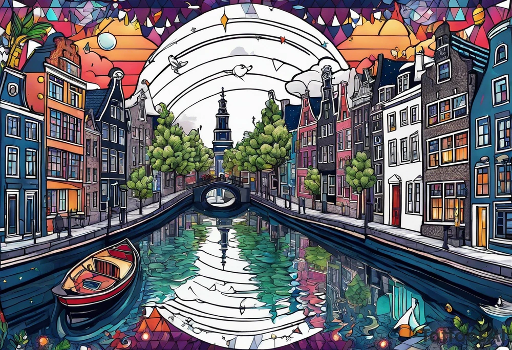 Tattoo of water in space featuring animals featuring Amsterdam buildings and canal in galaxy colours featuring animals and pineapples tattoo idea