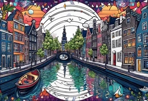 Tattoo of water in space featuring animals featuring Amsterdam buildings and canal in galaxy colours featuring animals and pineapples tattoo idea