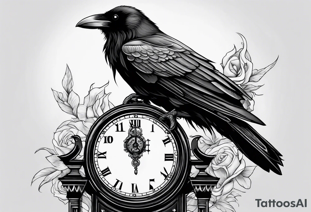 raven perched on clock tattoo idea