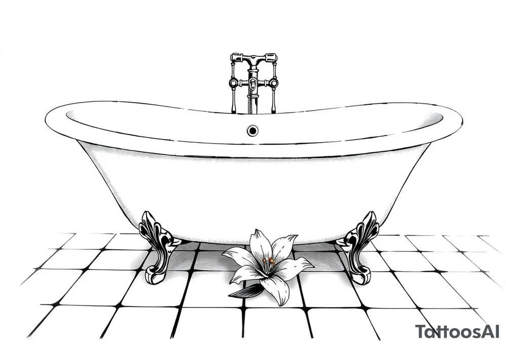Clawfoot bathtub with lily coming up from tile floor tattoo idea