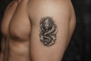 Serpentine air demon with swirling clouds and lightning. tattoo idea