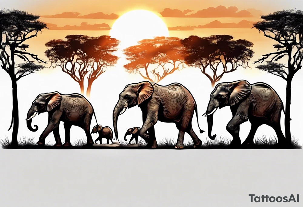 family of 6 elephants walking into sunset after one of them has died tattoo idea