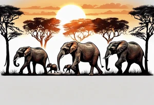 family of 6 elephants walking into sunset after one of them has died tattoo idea