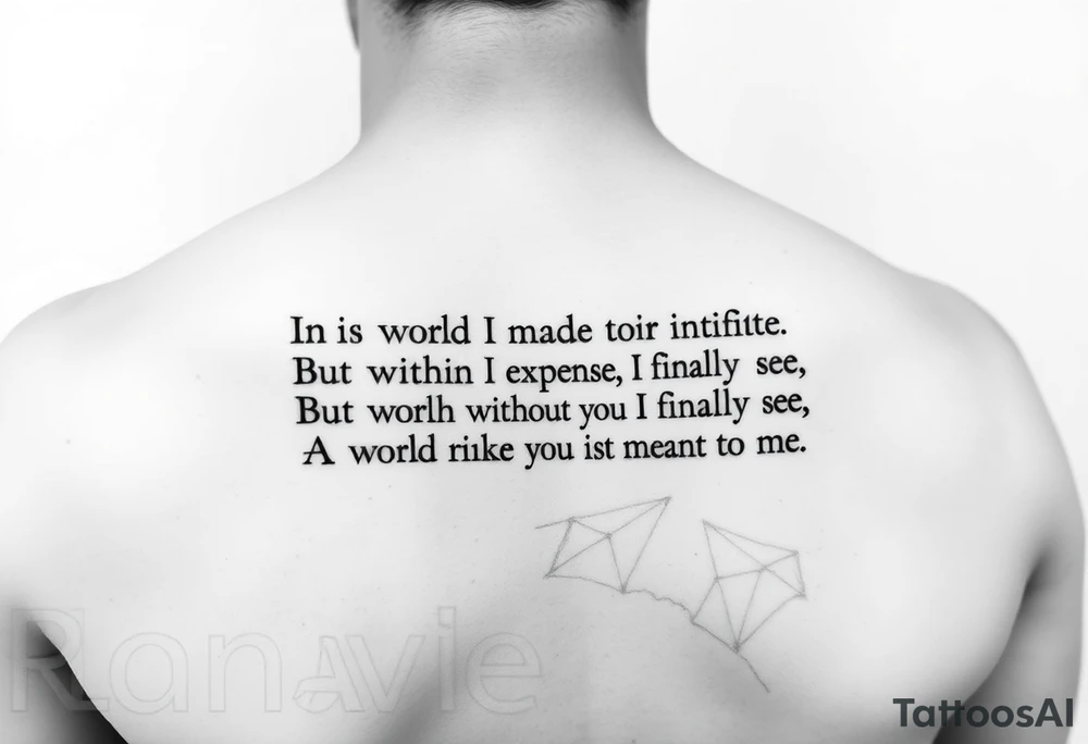 An upper arm tattoo for a man in the style of Ryan Ashley Malarkey with the lyrics, "In this world I made to be infinite
But within the expanse, I finally see
A world without you isn't meant for me", from the band Lorna Shore with their dark forest imagery and aesthetics. tattoo idea