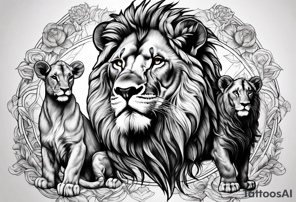 Lion with ram horns and 3 cubs tattoo idea