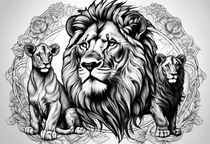 Lion with ram horns and 3 cubs tattoo idea