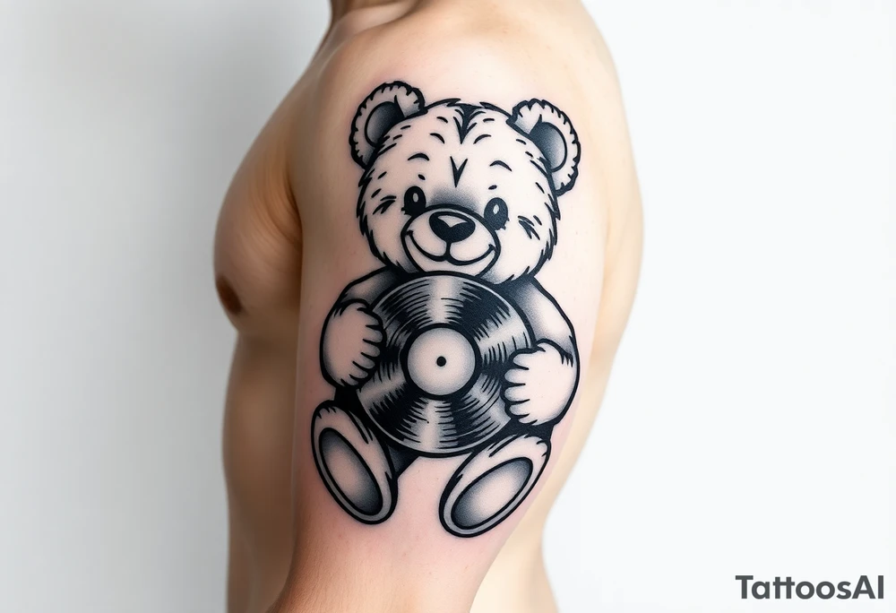 minimalist teddy bear smiling and holding a vinyl record tattoo idea minimalist teddy bear smiling and holding a vinyl record tattoo idea
