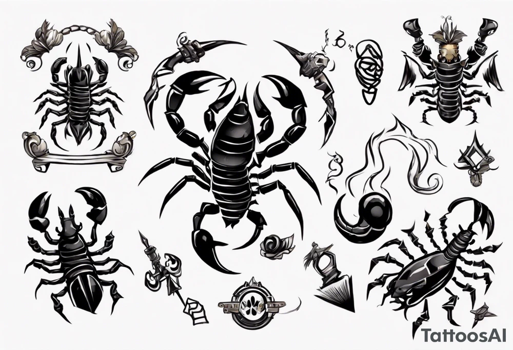 background that represents game development and designs with a scorpion make it magical, and cute scorpion that's feminine add 2023 tattoo idea