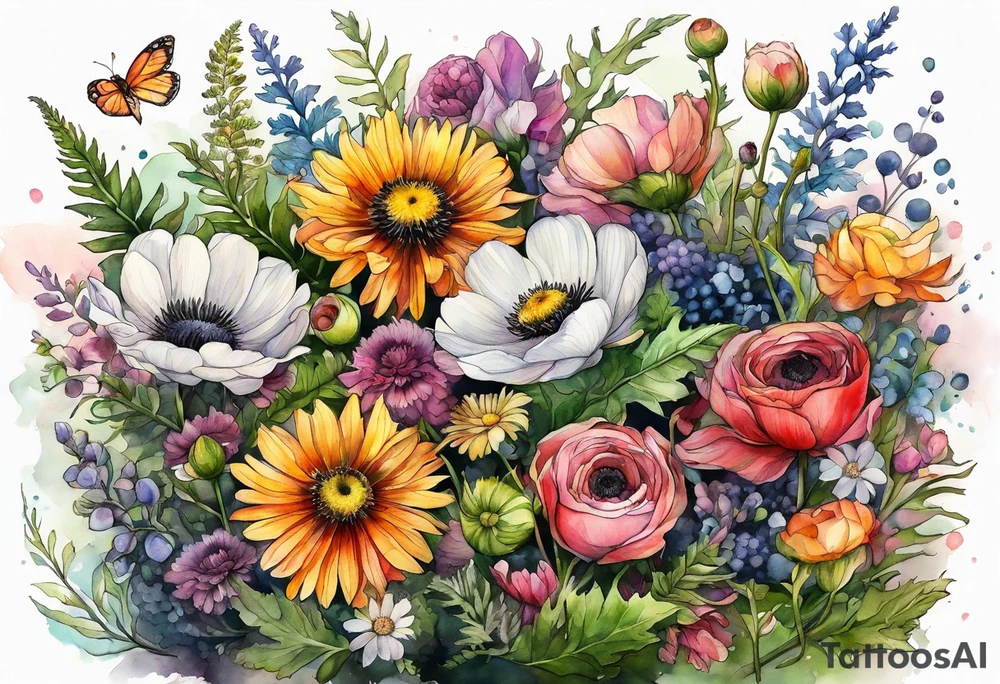 wildflowers with thistles, ferns, ranuculus, white anemones with black center, sun flowers, mixed color flowers all in watercolor tattoo idea