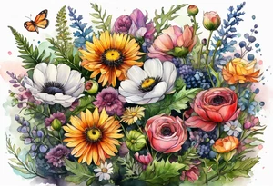 wildflowers with thistles, ferns, ranuculus, white anemones with black center, sun flowers, mixed color flowers all in watercolor tattoo idea