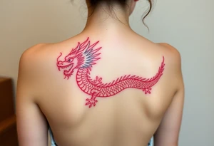 Big red chinese dragon along spine tattoo idea